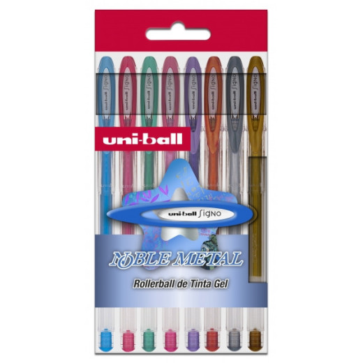Uni-ball UM-120 NM Signo Noble Metal Estuche de 8 Rollers de Tinta Gel - Punta de Bola 0.8mm - Tinta Resistente al Agua y Luz - Escribe en Papel Negro y Blanco - Color Surtido