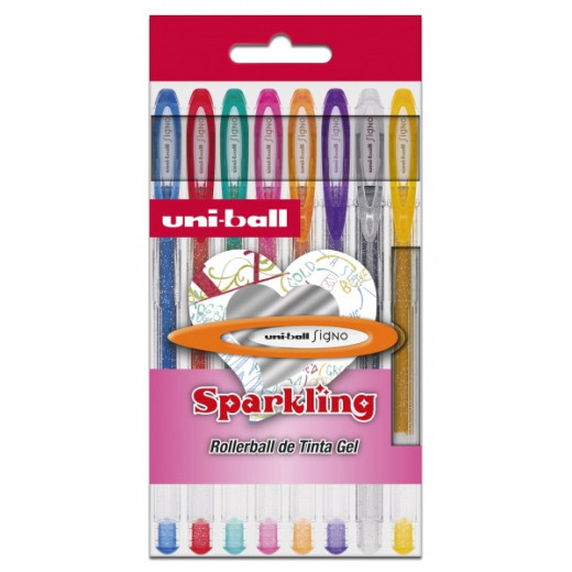 Uni-ball UM-120 SP Signo Sparkling Estuche de 8 Rollers de Tinta Gel - Punta de Bola 1mm - Tinta Pigmentada Resistente al Agua y Luz - Color Surtido