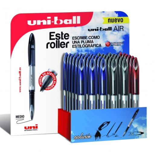 Uni-ball Air 188 Expositor de 36 Rollerballs - Punta de Bola 0.7mm - Escritura como Pluma Estilografica - Tinta Pigmentada Resistente al Agua y Luz - Colores Surtidos