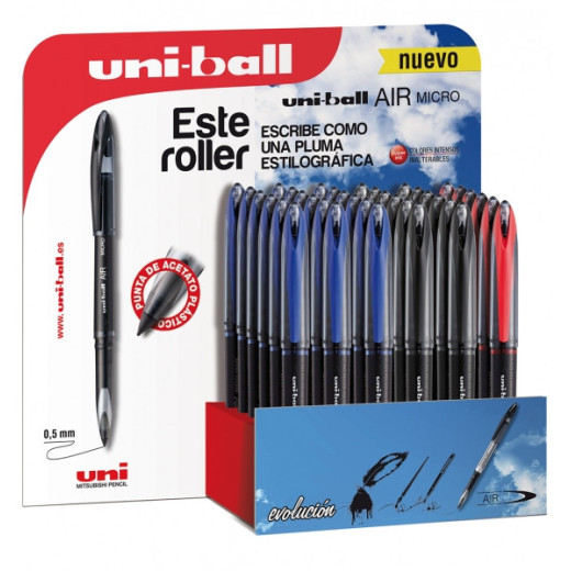 Uni-ball Air Micro 188 Expositor de 36 Rollerballs - Punta de Acetato Plastico 0.5mm - Escribe como Pluma Estilografica - Tinta Pigmentada Resistente al Agua y Luz - Colores Surtidos