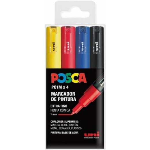 Posca PC1M Pack de 4 Marcadores de Pintura - Punta Conica 0.7mm - Tinta Base al Agua - No Permanente - Resistente a la Luz - Colores Amarillo