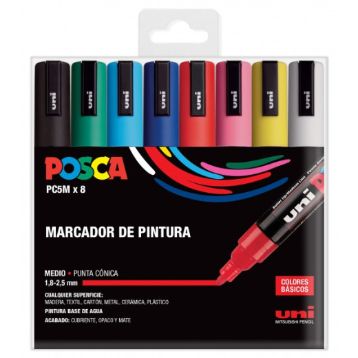 Posca PC-5M/8C Estuche de 8 Marcadores de Pintura - Punta de Poliester 1.8-2.5mm - Tinta Base al Agua - Resistente a la Luz - No Permanente - Color Surtido