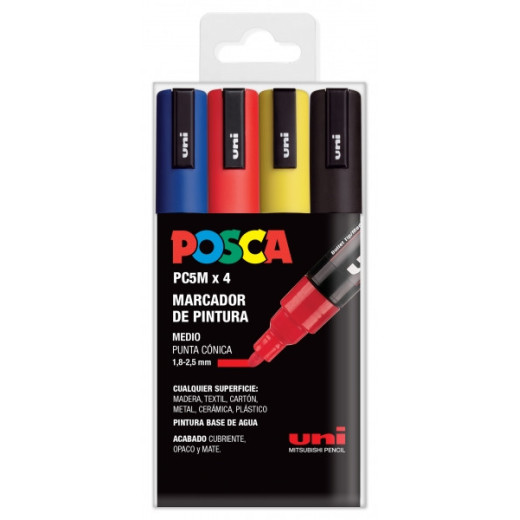 Posca PC-5M Pack de 4 Marcadores de Pintura - Punta de Bala 1.8-2.5mm - Tinta Base al Agua - No Permanente - Resistente a la Luz - Colores Azul
