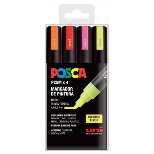 Posca PC-5M Pack de 4 Marcadores de Pintura - Punta de Bala 1.8-2.5mm - Tinta Base al Agua - No Permanente - Resistente a la Luz - Colores Fluor Surtidos