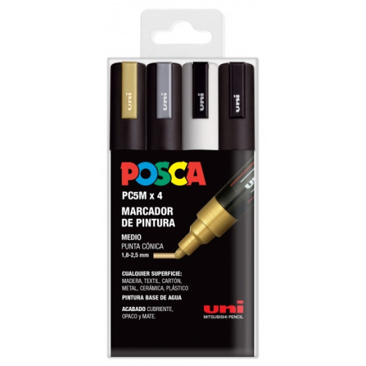 Posca PC-5M Pack de 4 Marcadores de Pintura - Punta de Bala 1.8-2.5mm - Tinta Base al Agua - No Permanente - Resistente a la Luz - Colores Oro