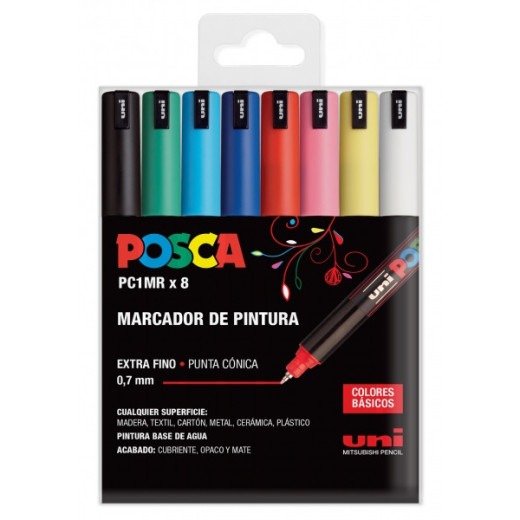 Posca PC1MR Pack de 8 Marcadores de Pintura - Punta Roller de Fibra 0.7mm - Tinta Pigmentada Base al Agua - Resistente a la Luz - Colores Surtidos