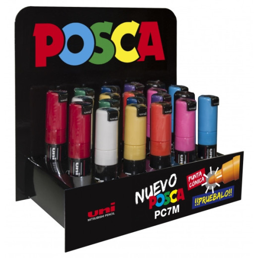 Posca PC-7M Expositor de 20 Marcadores de Pintura - Punta de Bala 4.5-5.5mm - Tinta Base al Agua - Resistente a la Luz - Colores Surtidos