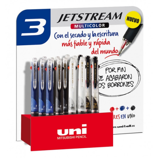 Uni-ball SXE3-400-10 JetStream Expositor de 15 Boligrafos Tricolor - Punta de Bola 1mm - Boligrafo con 3 Colores de Tinta