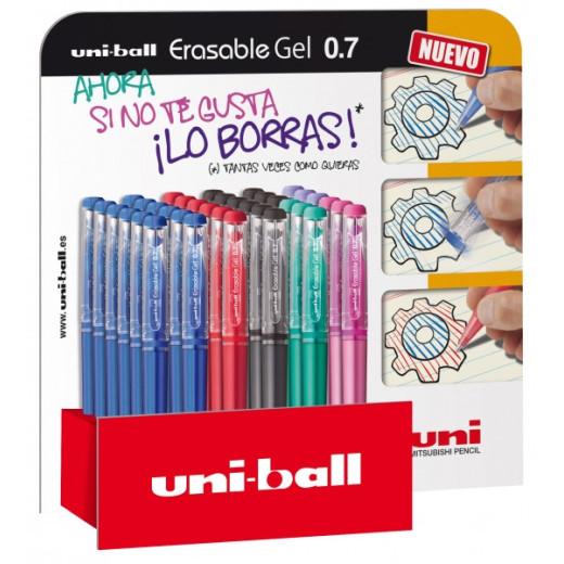 Uni-ball Erasable UF-222 Expositor de 36 Rollers de Gel Borrable - Punta de Bola 0.7mm - Tinta Termosensible - Doble Goma Borradora - Colores Surtidos