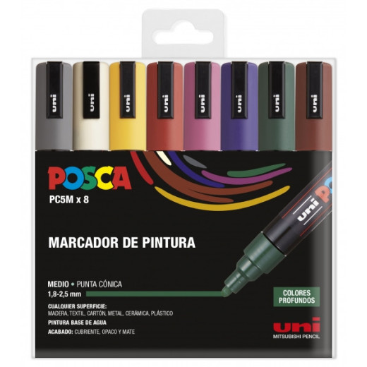 Posca PC-5M Estuche de 8 Marcadores de Pintura - Punta de Bala 1.8-2.5mm - Tinta Base al Agua - Resistente a la Luz - No Permanente - Color Surtido