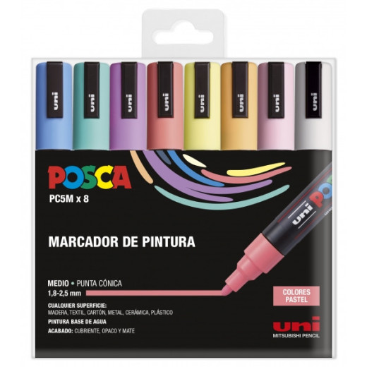 Posca PC-5M/8C Estuche de 8 Marcadores de Pintura - Punta de Poliester 1.8-2.5mm - Tinta Base al Agua - Resistente a la Luz - No Permanente - Color Surtido