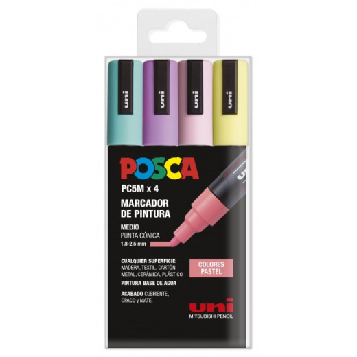 Posca PC-5M Pack de 4 Marcadores de Pintura - Punta de Bala 1.8-2.5mm - Tinta Base al Agua - No Permanente - Resistente a la Luz - Colores Pastel Surtidos