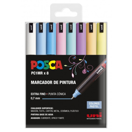 Posca PC1MR Pack de 8 Marcadores de Pintura - Punta Roller de Fibra 0.7mm - Tinta Pigmentada Base al Agua - Resistente a la Luz - Colores Surtidos Pastel