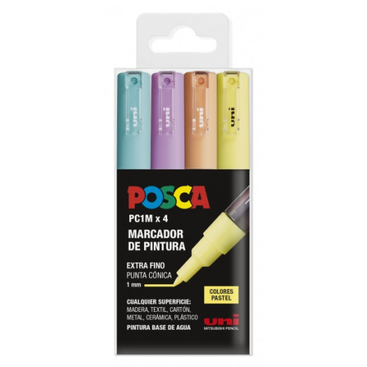 Posca PC1M Pack de 4 Marcadores de Pintura - Punta Conica 0.7mm - Tinta Base al Agua - No Permanente - Resistente a la Luz - Colores Surtidos Pastel
