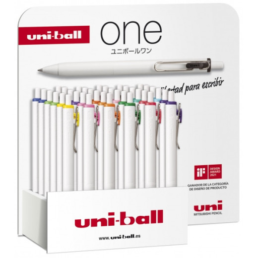Uni-ball ONE UMN-S-07 Expositor de 36 Boligrafos de Tinta - Punta de Bola 0.7mm - Escritura Ultra Fluida - Agarre Suave y Comodo - Color Surtido