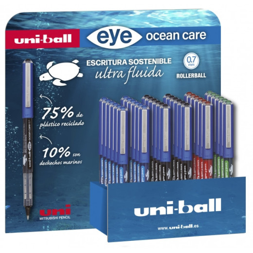 Uni-ball Eye Ocean Care UB-1570ROP Expositor de 36 Boligrafos de Tinta Liquida - Punta de Bola 0.7mm - Trazo 0.5mm - Tinta Pigmentada Resistente al Agua y Luz - Color Surtido