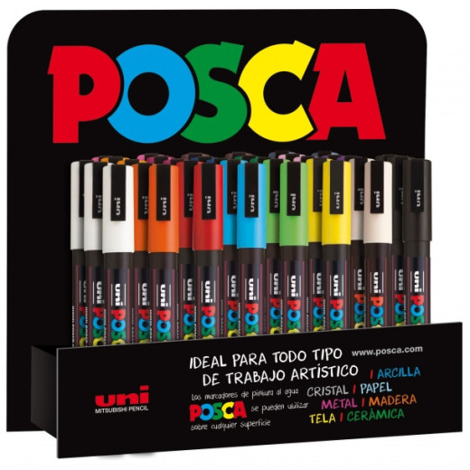 Posca PC3M Expositor de 36 Marcadores de Pintura - Punta Conica de Poliester 0.9-1.3mm - Tinta Base al Agua - Resistente a la Luz - No Permanente - Colores Surtidos