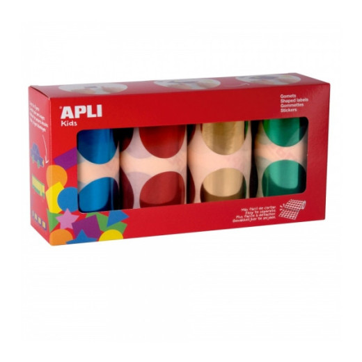 Apli Pack de 4 Rollos de Gomets Redondos Ø 45mm - 354 Gomets por Rollo - Adhesivo Permanente - 1416 Gomets en Total - Ideales para Escuelas Infantiles - Colores Metalizados Azul