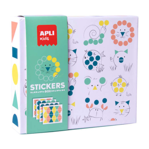 Apli Kids Juego de Gomets Animales - 8 Laminas Ilustradas de 200G - 8 Hojas de Gomets Removibles Geometricos - Libro Guia con Ejemplos - Alto Valor Didactico - Caja de Carton con Diseño Exclusivo
