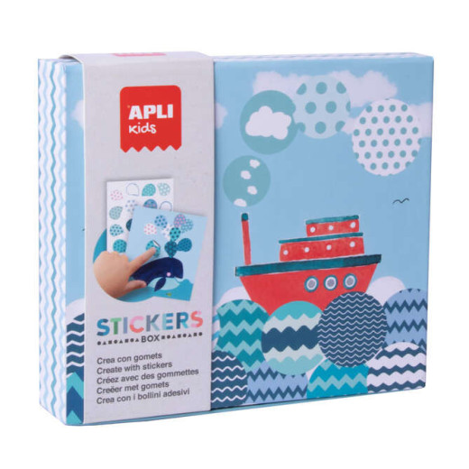 Apli Kids Juego de Gomets Barco - 8 Laminas Ilustradas de 200G - 8 Hojas de Gomets Removibles Geometricos - Libro Guia con Ejemplos - Alto Valor Didactico - Caja de Carton con Diseño Exclusivo