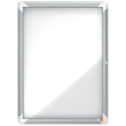 Nobo Vitrina para 4 Hojas A4 con Superficie Blanca Magnetica - 532x692x37mm - Puerta de Cristal de Seguridad - Marco de Aluminio - Color Blanco