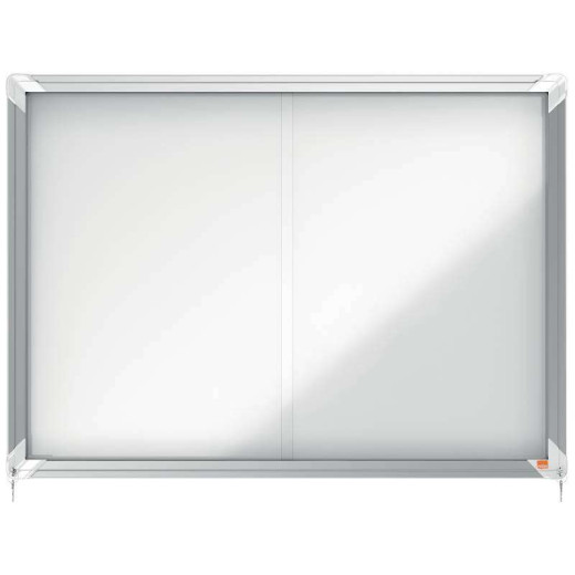 Nobo Vitrina Interior para 8 Hojas A4 con Superficie Magnetica y Puerta Deslizante - 689x972x54mm - Superficie Blanca Metalica y Magnetica de Borrado en Seco - Marco de Aluminio - Puertas de Cristal de Seguridad Deslizantes - Color Blanco