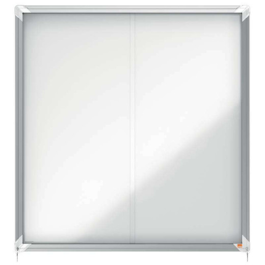 Nobo Vitrina Interior para 12 Hojas A4 con Superficie Magnetica y Puerta Deslizante - 997x972x54mm - Superficie Blanca Metalica y Magnetica de Borrado en Seco - Marco de Aluminio - Puertas de Cristal de Seguridad - Color Blanco