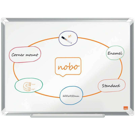 Nobo Premium Plus Pizarra Magnetica de Acero Vitrificado 600x450mm - Montaje en Esquinas - Superficie de Borrado Superior - Color Blanco