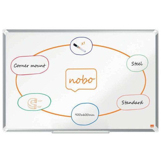 Nobo Premium Plus Pizarra Magnetica de Acero Lacado 900x600mm - Montaje en Esquinas - Superficie de Borrado Facil - Color Blanco