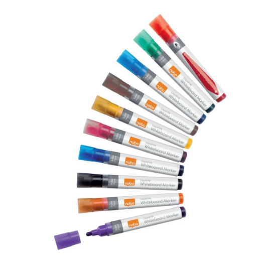 Nobo Pack de 10 Rotuladores para Pizarra Blanca - Punta Redonda 3mm - Tinta Liquida - Ventana para Ver el Nivel de Tinta - Colores Surtidos