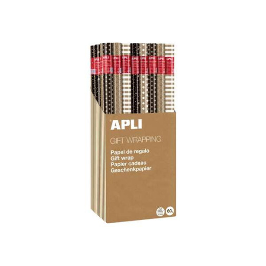 Apli Expositor de 55 Rollos de Papel Regalo Kraft Black & White - 11 Rollos por Color - Medidas del Rollo 0.70x2m - 5 Diseños