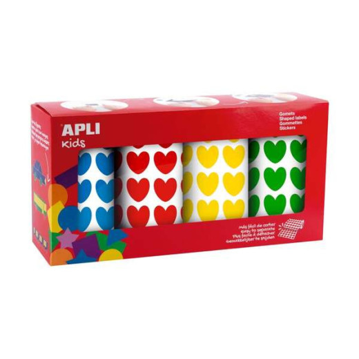 Apli Pack de 4 Rollos de Gomets Corazon - 1770 Gomets por Rollo - Adhesivo Permanente - 7080 Gomets en Total - Ideales para Escuelas Infantiles - Colores Azul