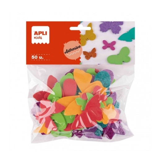 Apli Pack de 50 Mariposas de Goma EVA - Tamaños Surtidos - 6 Formas - con Purpurina - Ideal para Manualidades y Tarjetas - Colores Surtidos