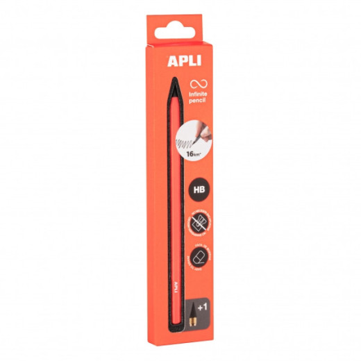 Apli Infinite Pencil Pack de Lapiz Infinito HB + Mina de Recambio + Tapon Protector - Para Escribir hasta 16km - Color Naranja Fluo