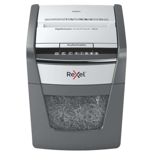 Rexel Optimum AutoFeed 50X Destructora Automatica de Corte en Particulas P-4 - Alimentacion Automatica 50 hojas y Ranura Manual 6 Hojas - Anti Atasco - Capacidad de la Papelera 20L - Color Gris/Plata