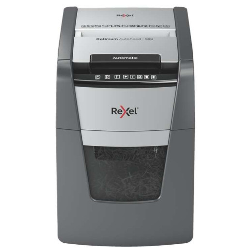 Rexel Optimum AutoFeed 90X Destructora Automatica de Corte en Particulas P-4 - Alimentacion Automatica 90 hojas - Ranura Manual 8 Hojas - Anti Atasco - Capacidad de la Papelera 35L - Color Gris