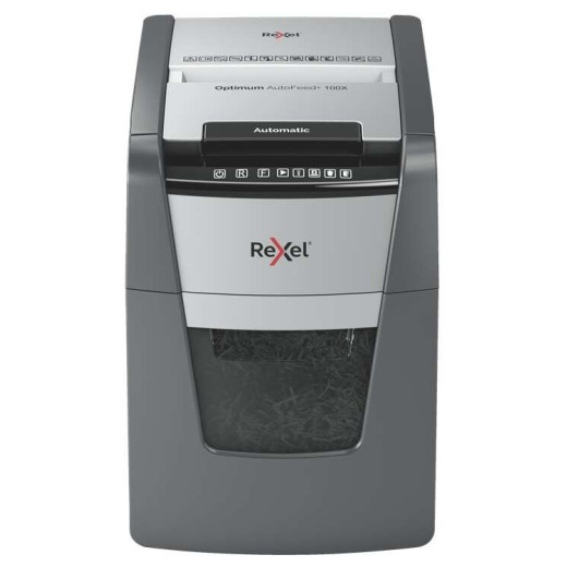 Rexel Optimum AutoFeed 100X Destructora Automatica de Corte en Particulas P-4 - Alimentacion Automatica 100 Hojas y Manual 8 Hojas - Capacidad de la Papelera 34L - Color Gris/Plata