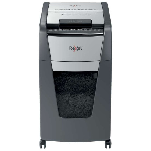 Rexel Optimum AutoFeed 300X Destructora Automatica de Corte en Particulas P-4 - Alimentacion Automatica 300 Hojas y Ranura Manual 10 Hojas - Funcionamiento Ininterrunpido 60min - Papelera de 34L - Color Gris/Plata