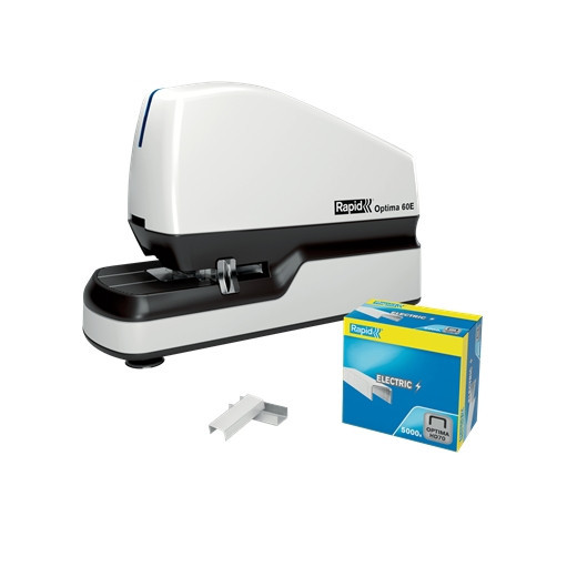 Rapid Optima 60E Grapadora Electrica de Sobremesa + Caja de 5000 Grapas - Hasta 60 Hojas - Adaptador de Red Incluido - Color Blanco