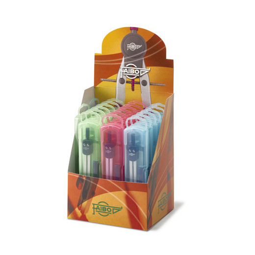 Faibo Expositor de 20 Compases Escolares - Adaptador Universal - Incluye Tubo de Minas - Presentado en Estuche de Plastico de Colores Surtidos