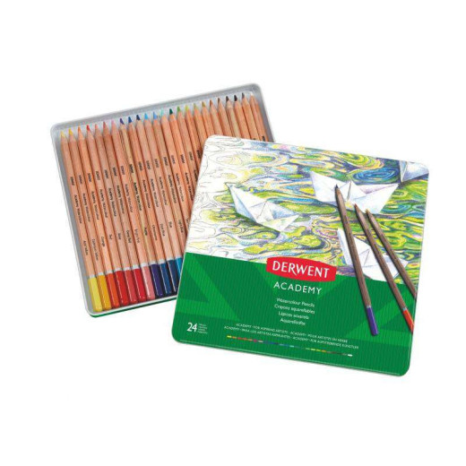 Derwent Academy Pack de 24 Lapices Acuarelables - Flexibilidad de la Acuarela - Cuerpos de Madera Natural - Faciles de Usar - Pigmentos de Calidad - Mezclables y Disolubles - Colores Surtidos