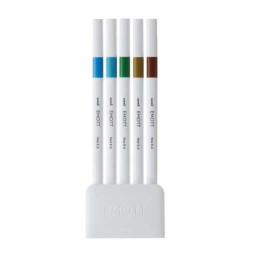 Uni-ball PEM-SY Set Nº4 Emott Island Colors Pack de 5 Rotuladores de Linea Fina - Punta 0.4mm - Tinta a Base de Agua - Diseño Innovador - Ancho de Linea Constante - Colores Surtidos
