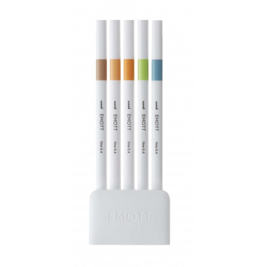 Uni-ball PEM-SY Set Nº6 Emott Natural Colors Pack de 5 Rotuladores de Linea Fina - Punta 0.4mm - Tinta a Base de Agua - Diseño Innovador - Ancho de Linea Constante - Colores Surtidos