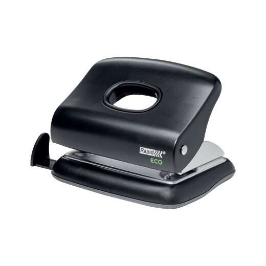 Rapid Eco Taladro Perforador - Perfora hasta 20 Hojas - Facil Vaciado - Punzones 5.5mm - Fabricado con un 74% de Plastico Reciclado Postconsumo - Color Negro