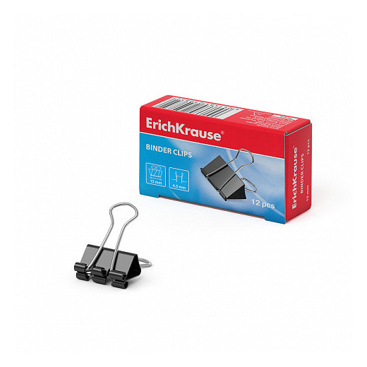 Erichkrause Pack de 12 Pinzas para Papeles 15mm - Capacidad hasta 55 hojas - Alambre de Acero de Alta Calidad - Color Negro