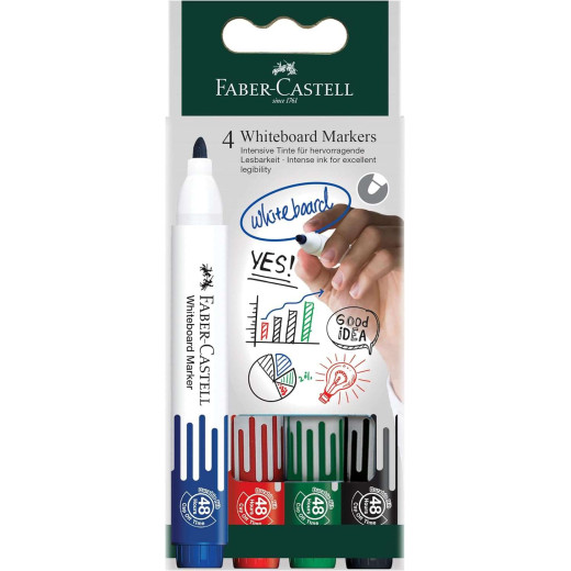Faber-Castell W20 Pack de 4 Rotuladores para Pizarra Blanca - Punta de Bala - Ancho de Linea 2