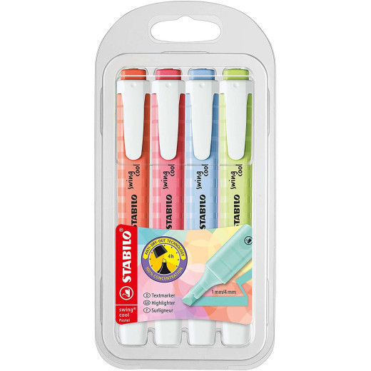 Stabilo Swing Cool Pastel Pack de 4 Marcadores Fluorescentes - Cuerpo Plano - Punta Biselada - Trazo entre 1 y 4mm - Tinta con Base de Agua - Colores Surtidos