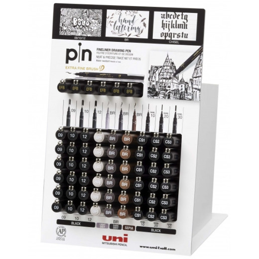 Uni-ball Uni Pin 200S Expositor de 60 Rotuladores Calibrados - Punta Poliacetal - Tinta Pigmentada Resistente al Agua y Luz - Colores y Grosores Surtidos