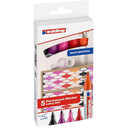 Edding 3000 Pack de 5 Rotuladores Permanentes Colores Calidos - Punta Redonda de 1.5mm - Trazo entre 1.5 y 3mm - Recargable - Secado Rapido - Colores Surtidos