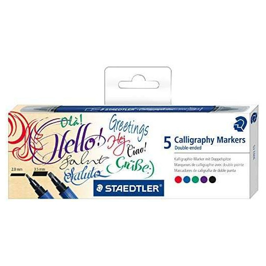 Staedtler 3002 Pack de 5 Rotuladores de Doble Punta para Caligrafia - Tinta Base de Agua - Colores Surtidos